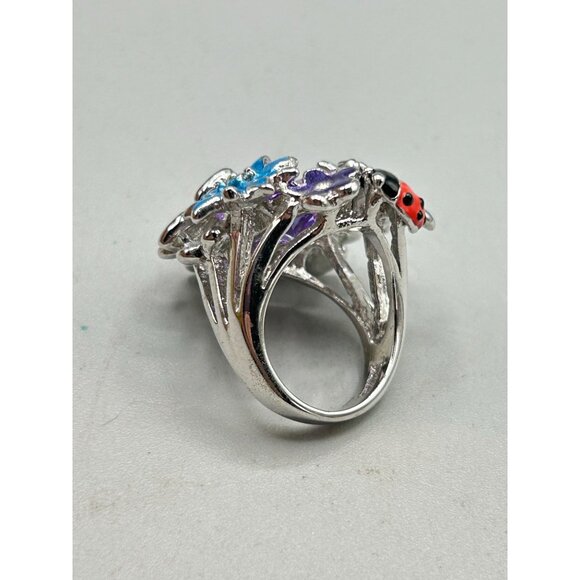 Enamel Flowers & Butterfly Ring Size 7 Silver Tone Cocktail Ring Summer Colorful - Picture 7 of 9